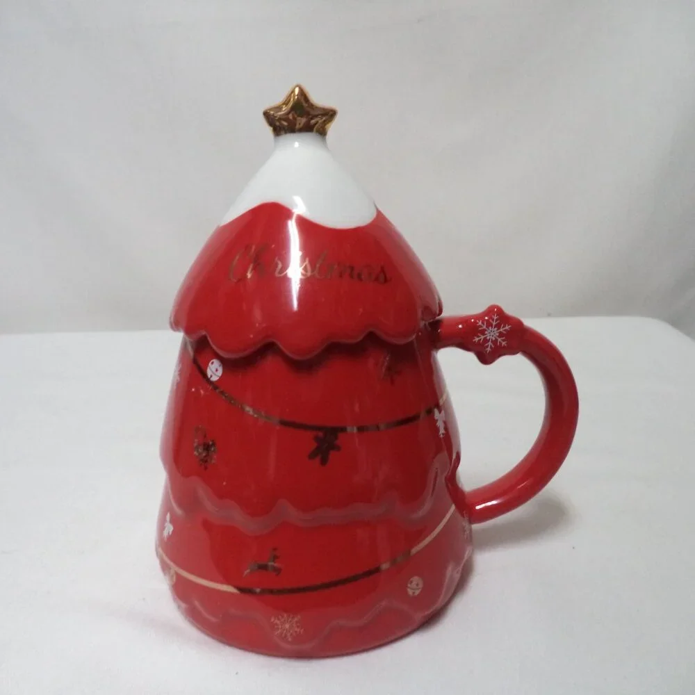 Christmas Tree lidded Mug Cup Snowflakes Stars Reindeer Bells ceramic straw hole